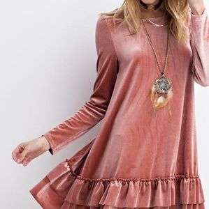easel Dresses - Ruffle Bottom Velvet Pink Dress Long Sleeve easel Dresses - Ruffle Bottom Velvet Pink Dress Long Sleeve